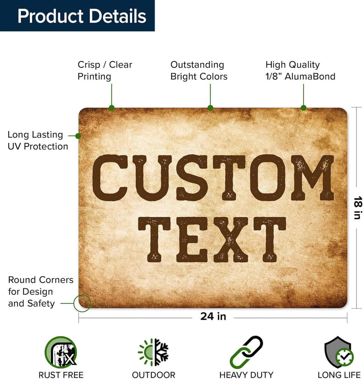 Custom Sign, Custom Street Sign, 11 Font Colors, 13 Font Styles, 4 Hole Options, 22 Sizes, 18x24