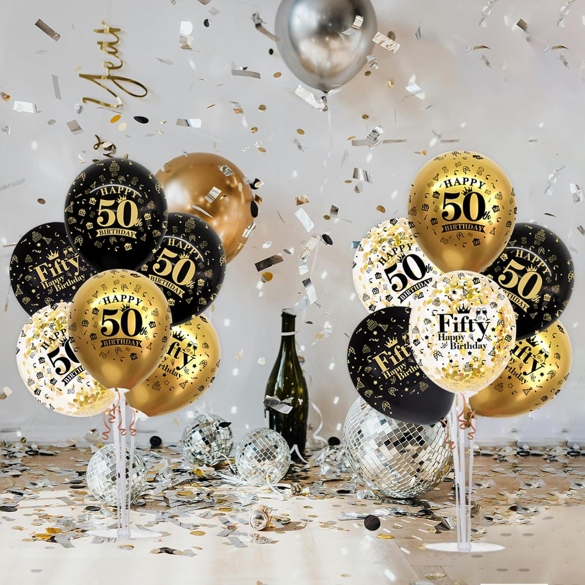 TONIFUL 4 Set Black Gold Balloon Stand Kit for Birthday Decorations for 50th,Balloon Centerpieces
