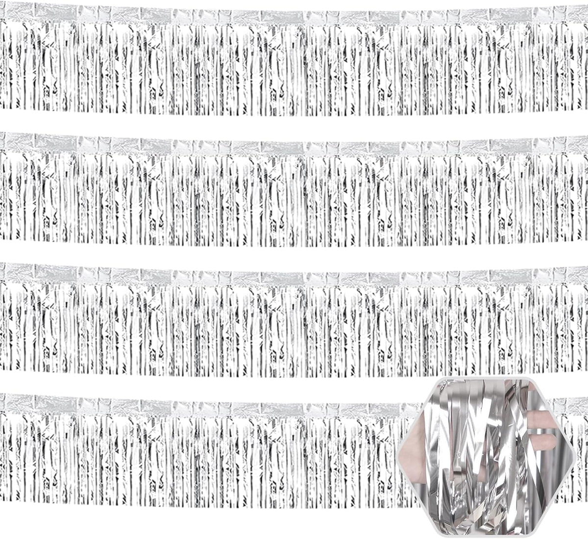 4 Pack 10 Feet Silver Foil Fringe Garland Metallic Tinsel Streamers Banner Wall Hanging Curtain