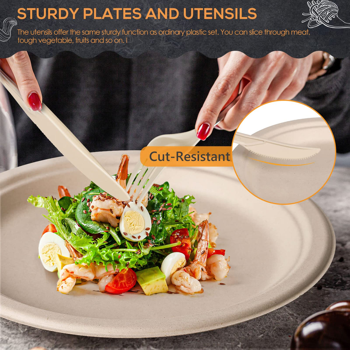 Gezond 250Pcs Disposable Paper Plates Set, Compostable Plate Sugarcane Utensils Eco Friendly