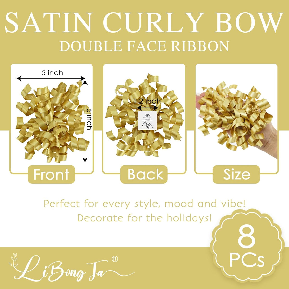 5 Inch Gold Bows Curly Ribbon Bows for Gift Wrapping, Satin Bows with Double-Sided Tape, Self