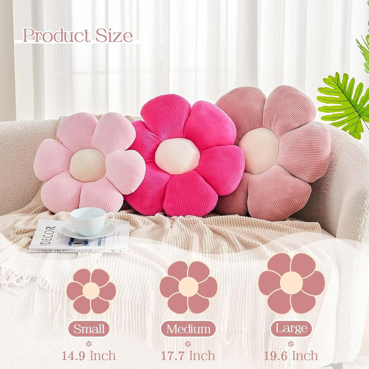 Hot Pink Flower Pillow, 14.9" Cute Flower Shaped Floor Pillow, Aesthetic Floral Plush Daisy