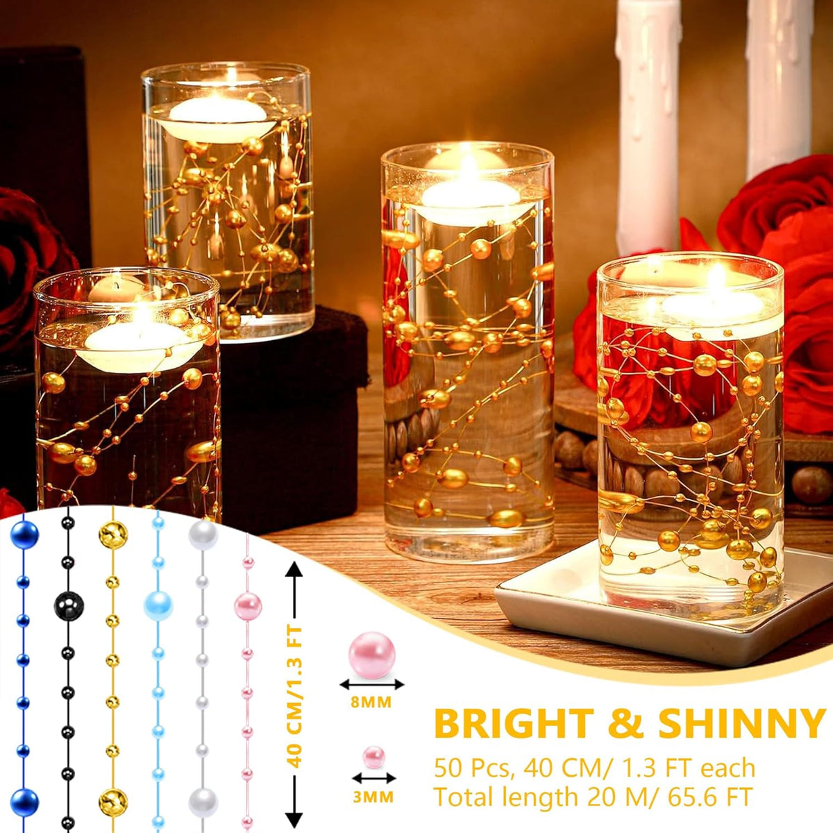 50 PCS Artificial Floating Beads for Centerpieces Vases, Rose Gold 8+3mm String Beads for Wedding
