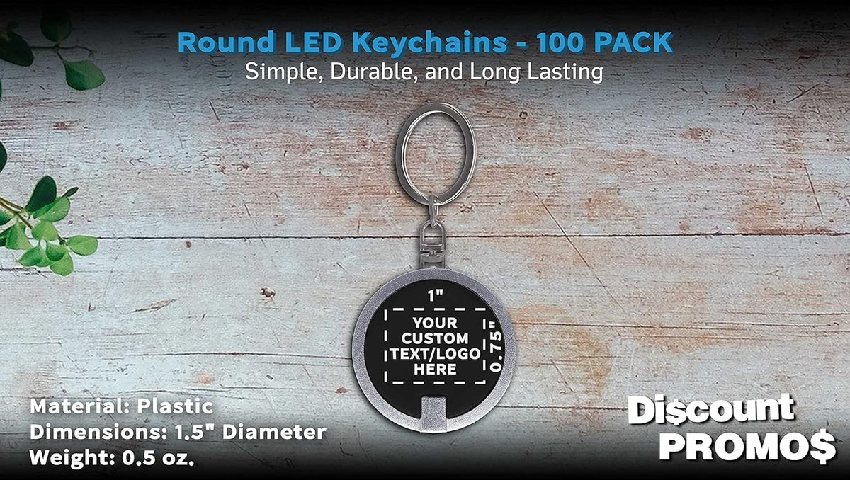 DISCOUNT PROMOS 100 Round LED Keychains - Customizable Text, Logo - Battery included, Plastic