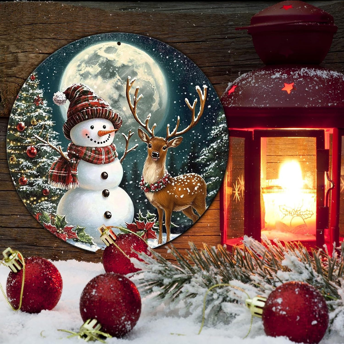 Christmas Snowman Decor Round Metal Tin Sign Christmas Deer Vintage Tin Sign for Home Coffee Wall