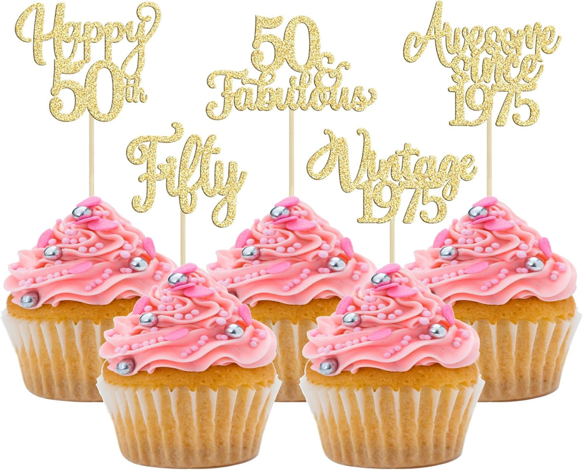 30Pcs Vintage 1975 Cupcake Toppers Glitter Fifty Happy 50th Birthday 50 Fabulous Cupcake Picks