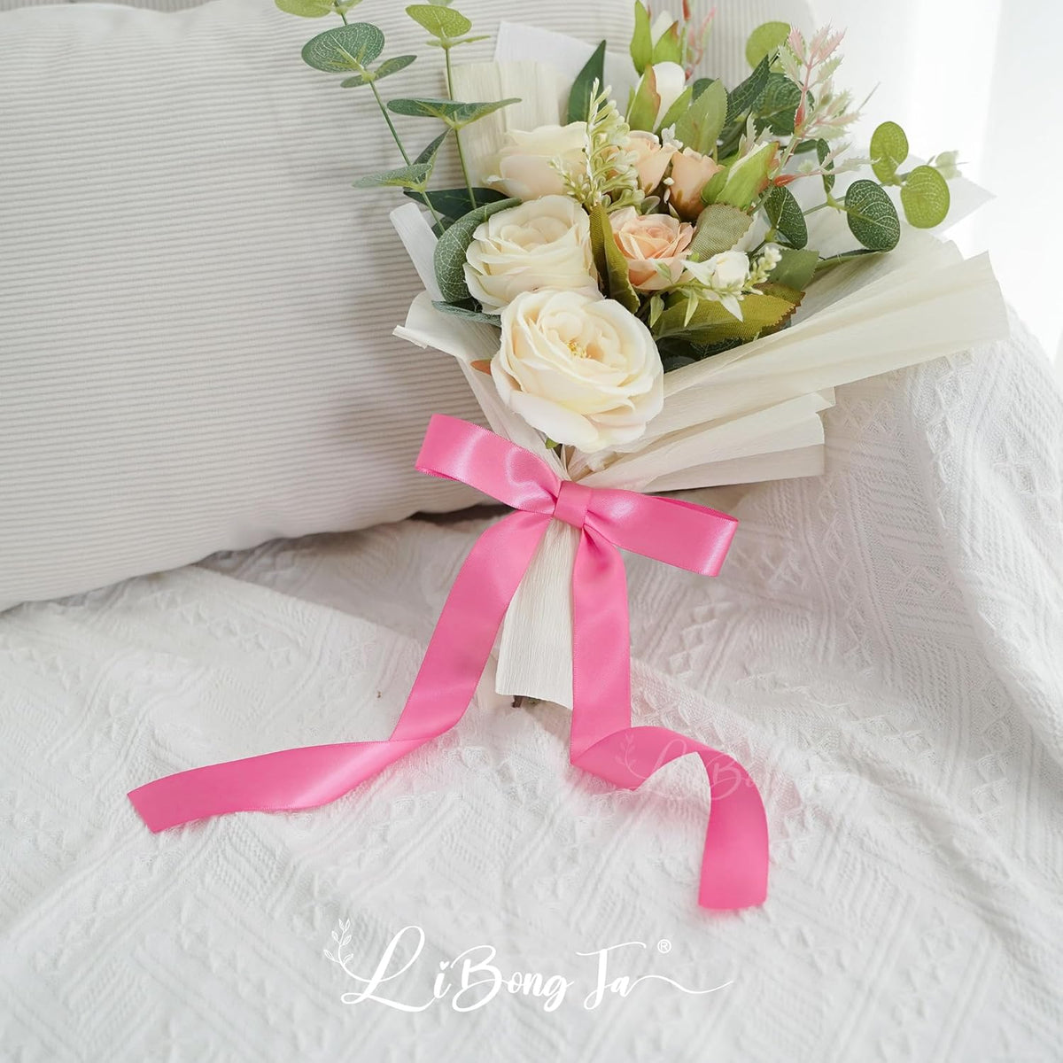 50 PCs Hot Pink Bow Decor 5.5'' Satin Bows with Long Tail, Twist Tie Bows for Craft, Packaging