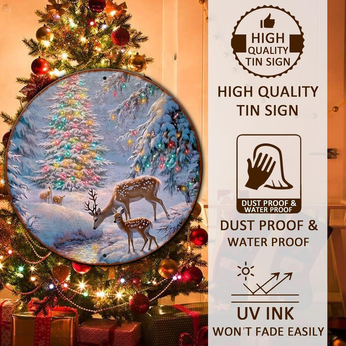 Christmas Tree Decor Round Metal Tin Sign Christmas Deer Vintage Tin Sign for Home Coffee Wall