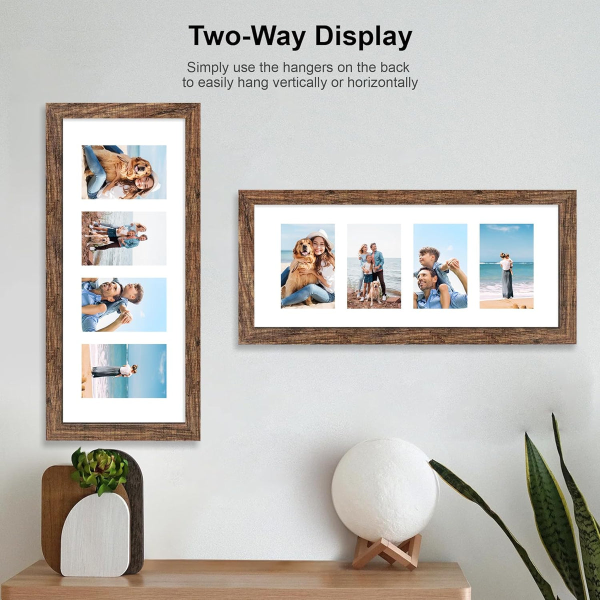 8x20 Picture Frame Set of 2, Rustic Brown Wood Frame with Tempered Glass Collage Frame, Display
