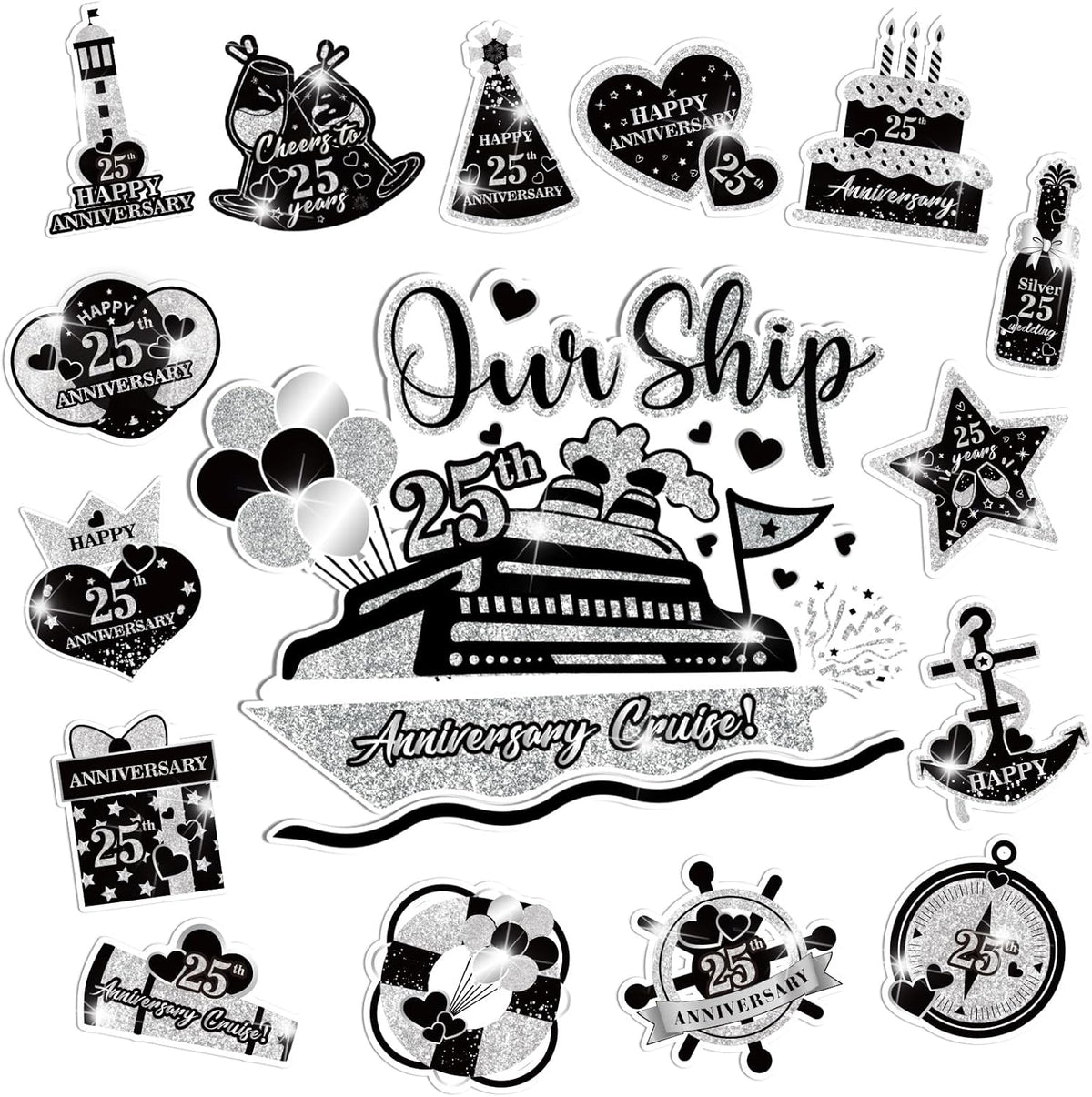 25th Anniversary Cruise Door Magnets Decorations, Black Silver Happy 25th Anniversary Cruise Ship