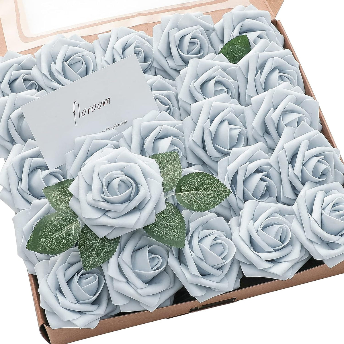 Floroom Artificial Flowers 25pcs Real Looking Powder Blue Foam Fake Roses with Stems for DIY