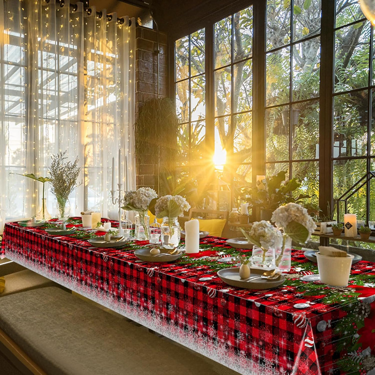 12Pcs Christmas Buffalo Plaid Snowflake Tablecloths,Plastic Red and Black Checkered Rectangle