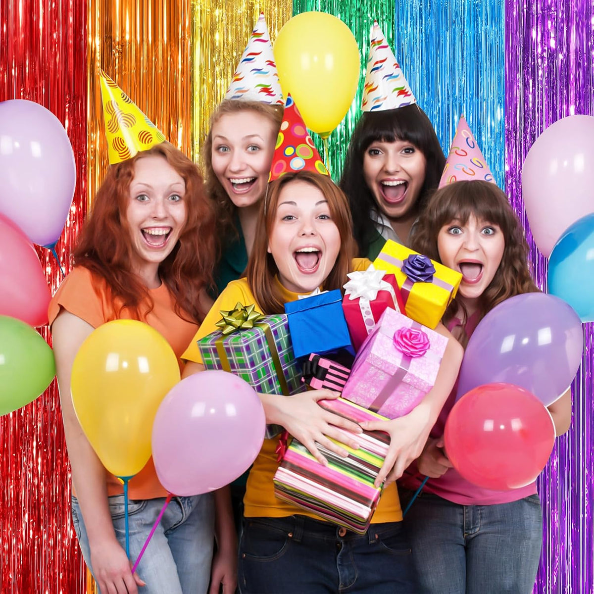 Rainbow Fringe Curtain Party Streamers 2Pack 3.3 x 8.3 Ft Foil Fringe Backdrop Curtains for