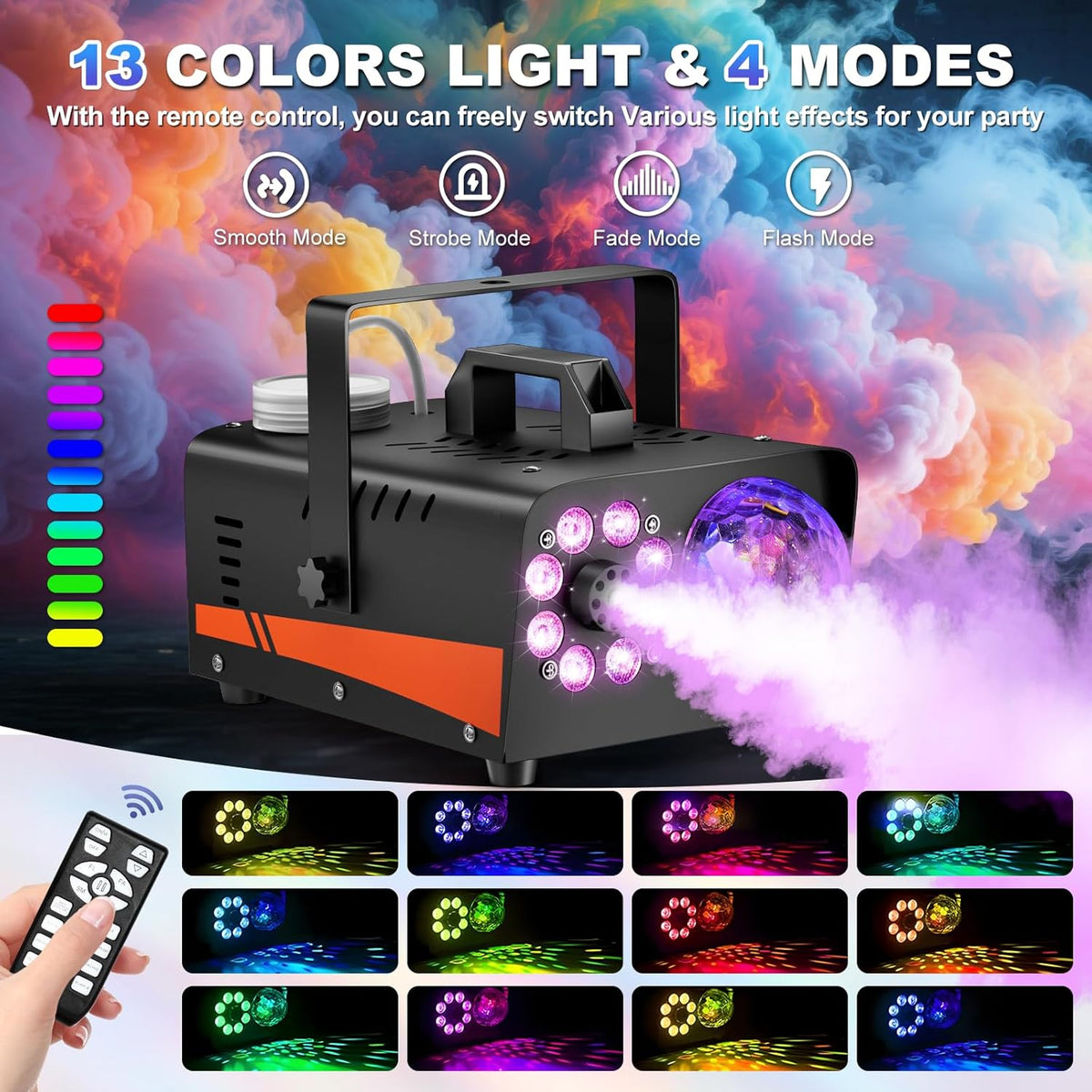 1200W Fog Machine, Halloween Smoke Machine Fog with Disco Ball Lights, 6000CFM with 13-Color LED