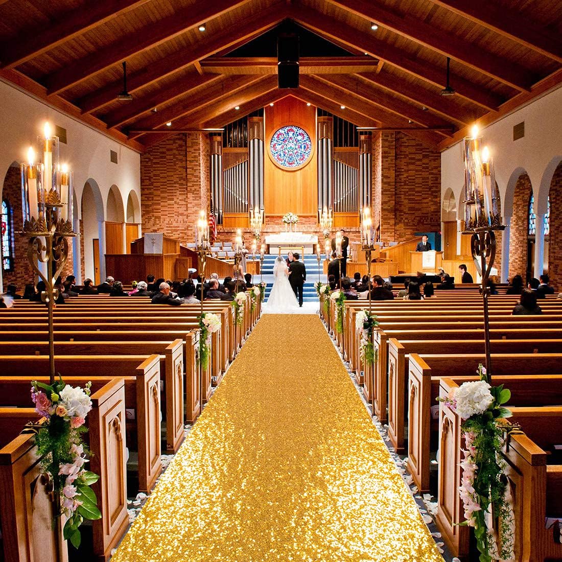 ShinyBeauty 4FTx10FT Gold Sequin Aisle Runner for Wedding Ceremony | Glitter Floor Runner for