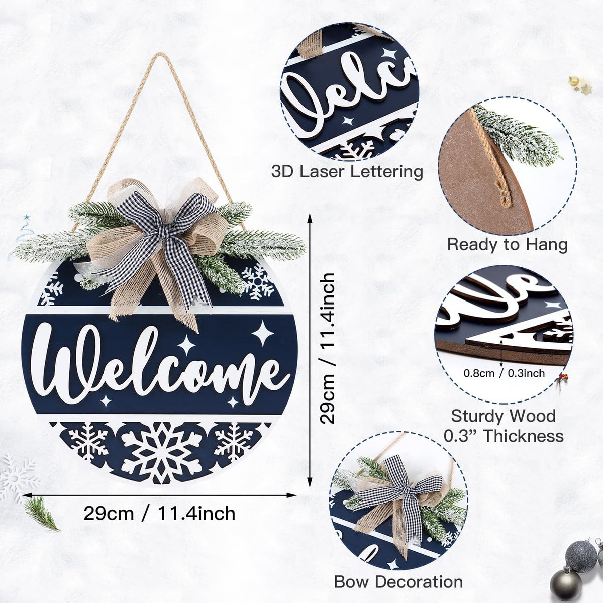 CHDITB Blue Welcome Winter Front Door Sign Wreath(11.4”), Wooden 3D Welcome Home Decoration Wall