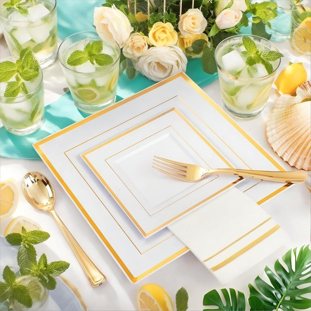 Festiva 350Pcs Gold Plastic Plates - Disposable Square Gold Plates Dinnerware set include 9.5"/6"