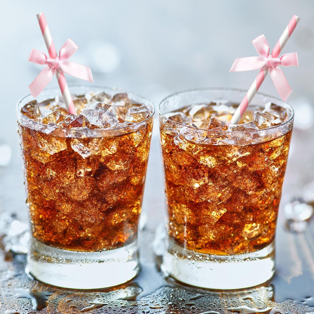 200 Pcs Pink Paper Straws for Drinking, Bow Disposable Striped Paper Straws Bulk Pink Theme