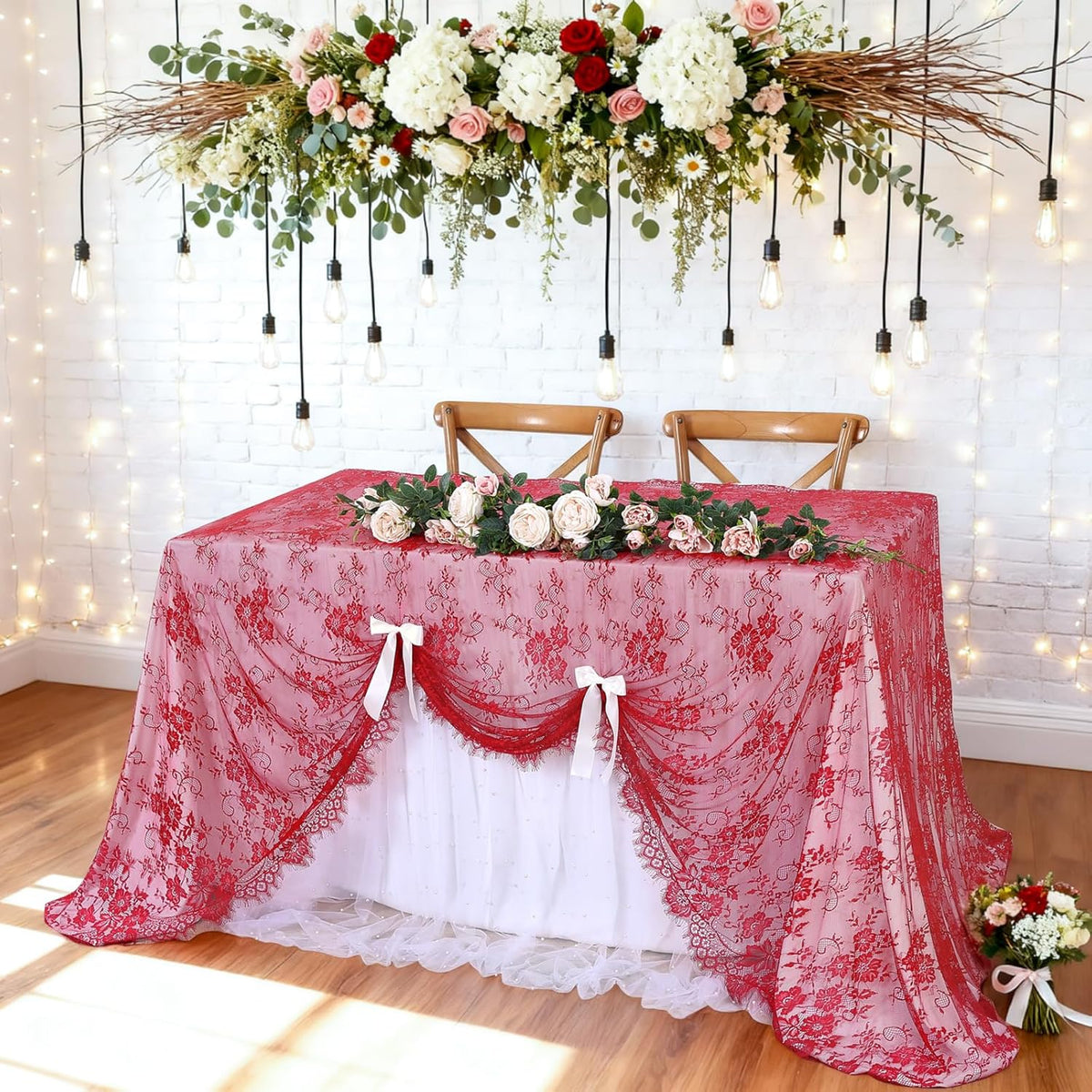 LuoluoHouse Red Tablecloth Christmas Lace Table Fabric 2pcs 60x120 Inch for Birthday Rustic Wedding
