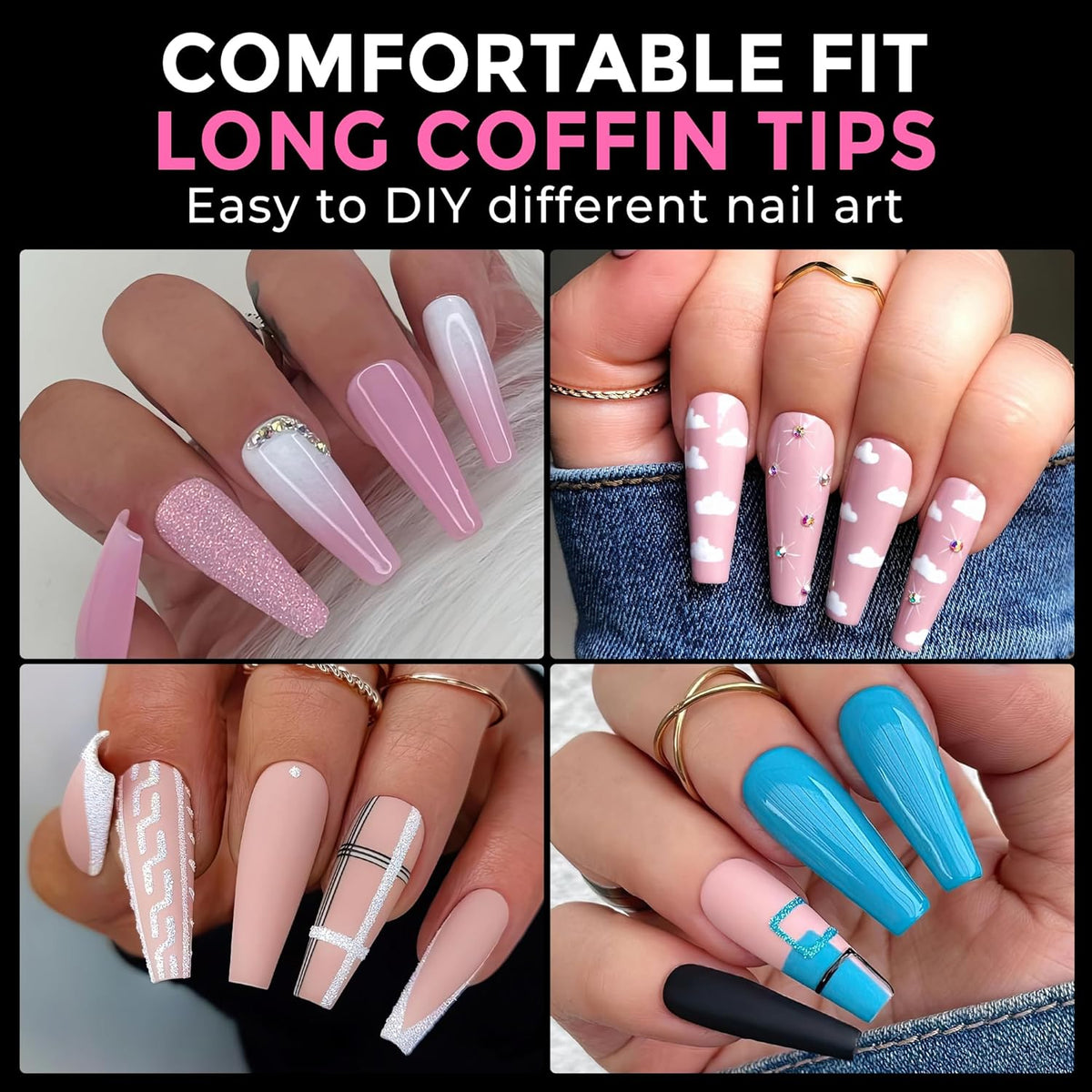 UNA GELLA Long Coffin Nail Tips: 216pcs Coffin Acrylic Fake Nails Full Cover Gel Nail Tips Press On