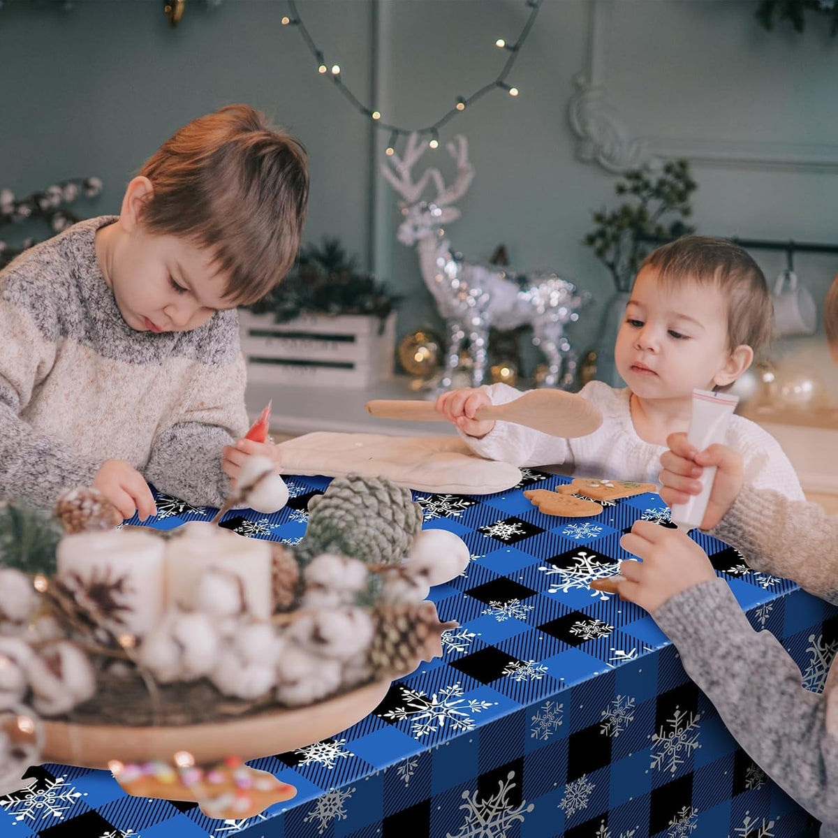 3Pcs Christmas Buffalo Plaid Snowflake Party Tablecloths Decorations,Plastic Black and Navy Blue