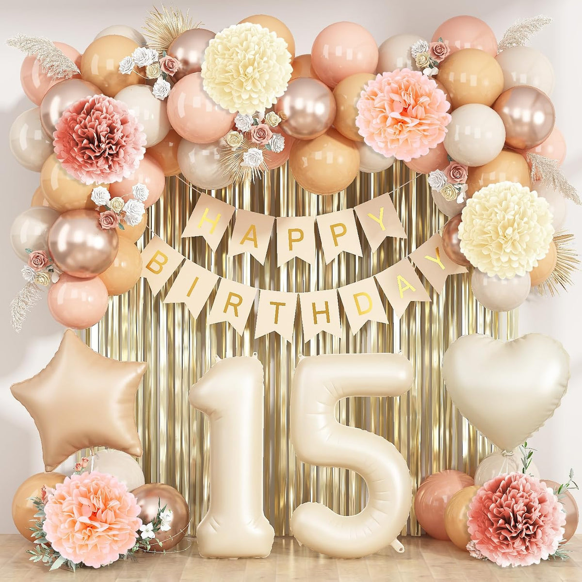 Beige 15th Birthday Decorations Girls Boys Cream Number 15 Balloon Nude Gold Happy Birthday Banner
