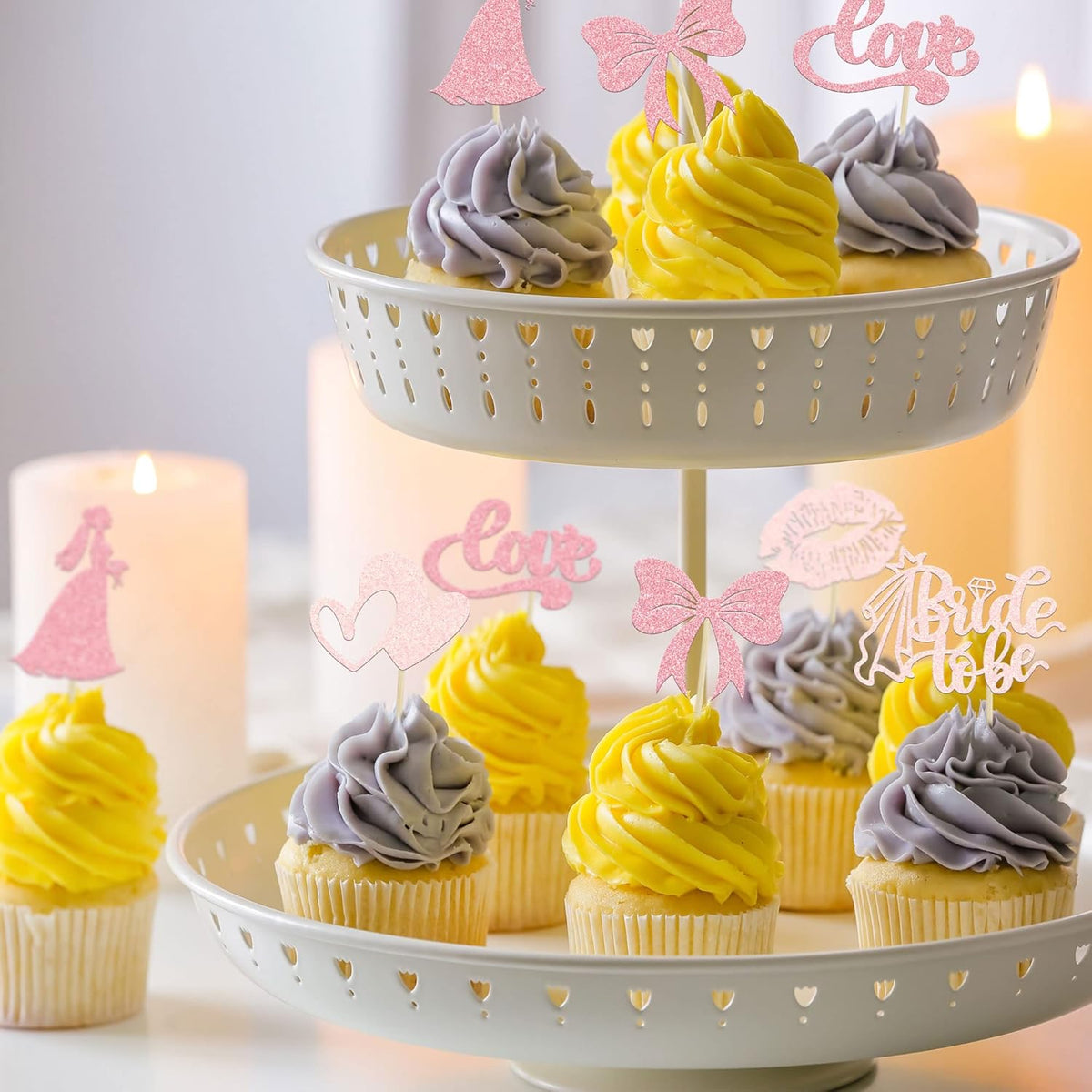 Gyufise 24Pcs Bride to Be Cupcake Toppers Pink Glitter Bow Tie Lip Princess Love Heart Bridal