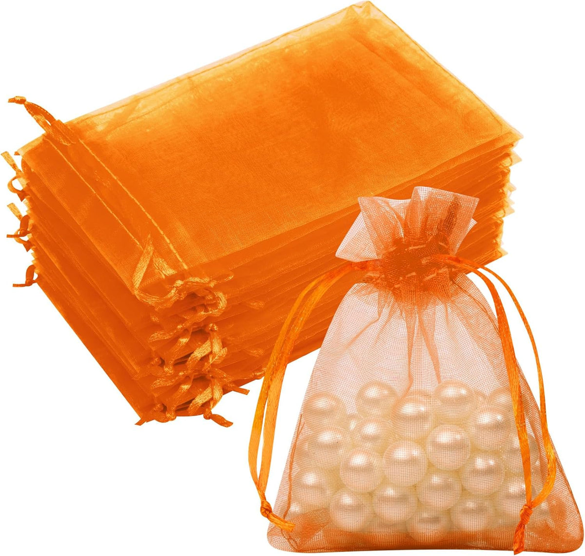 50 Pack Orange Organza Bags 3x4 Inch, Mesh Drawstring Bags Small Gift Bags Candy Bags Party Favor