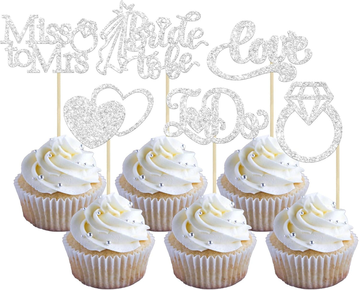 Gyufise 24Pcs Bride to Be Cupcake Toppers Silver Glitter I Do Love Heart Ring Miss To Mrs Cupcake