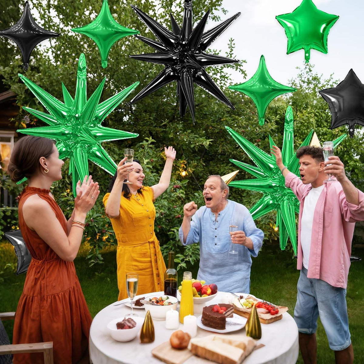Black Green Star Balloon,16Pcs Star Foil Balloons Set with 22Inch Explosion Spike Cone Balloons and