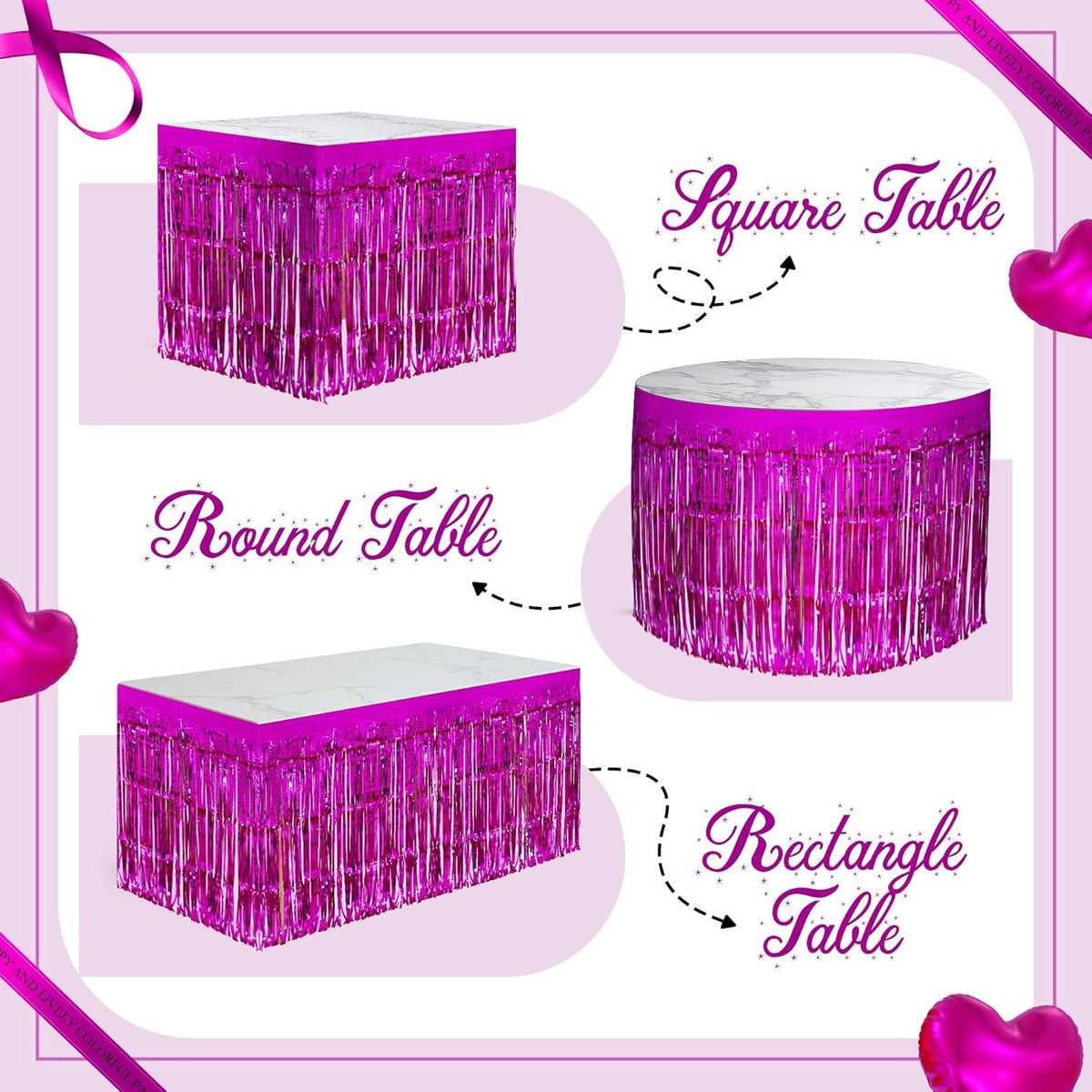 2 Pack Rose Red Table Skirts, 29x108" Metallic Foil Tinsel Fringe Table Skirts for Rectangle Tables