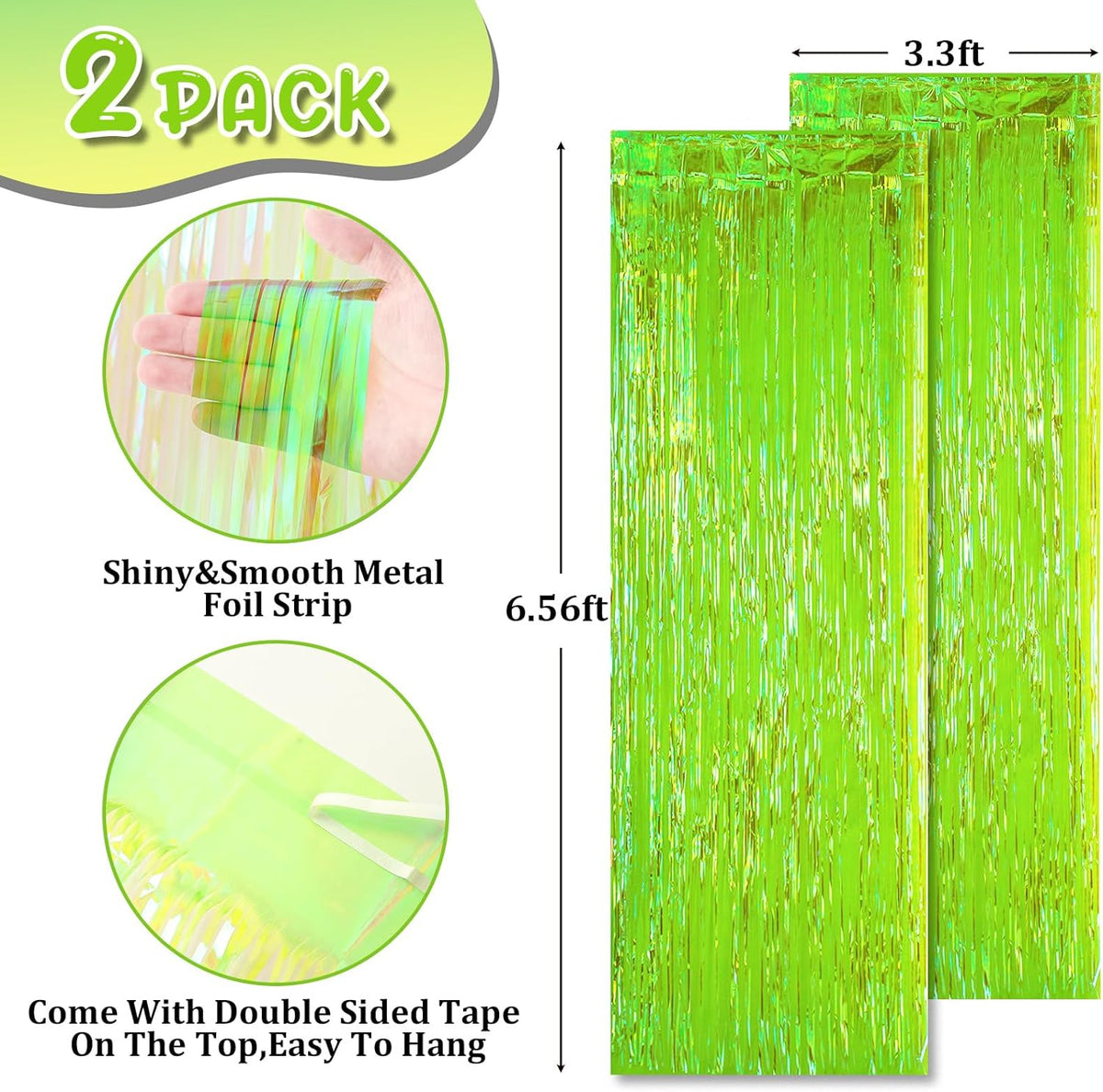 2 Pack Green Iridescent Tinsel Foil Fringe Curtains, Neon Party Decorations, Metallic Tinsel Party