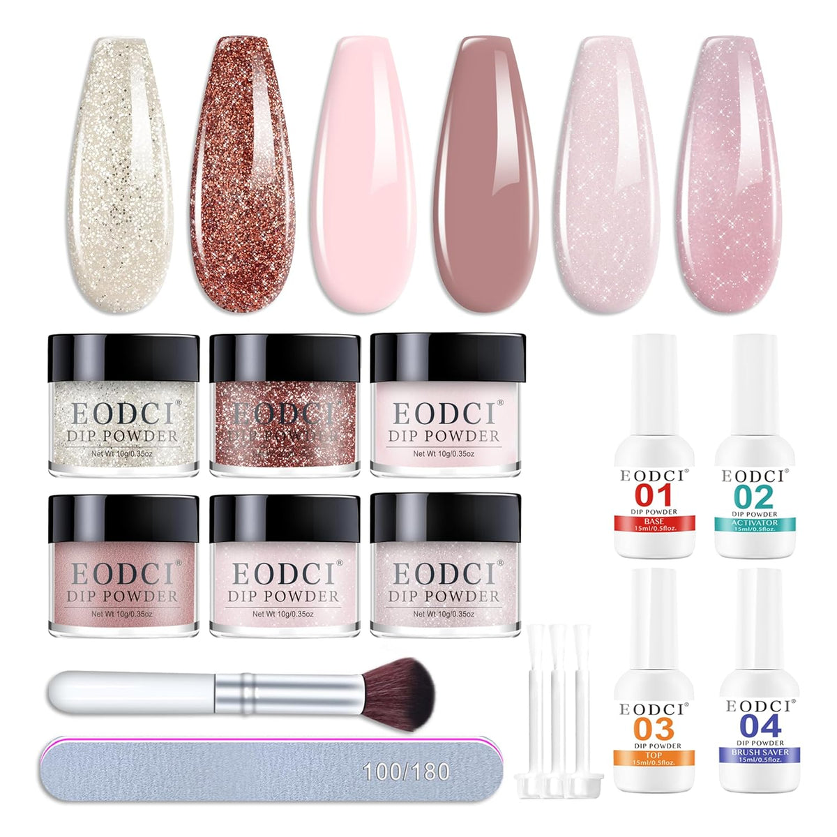 12 Pcs Dip Powder Nail Kit Starter, 6 Colors Glitter Pink Nude Sparkle Purple Dipping Powder Kit