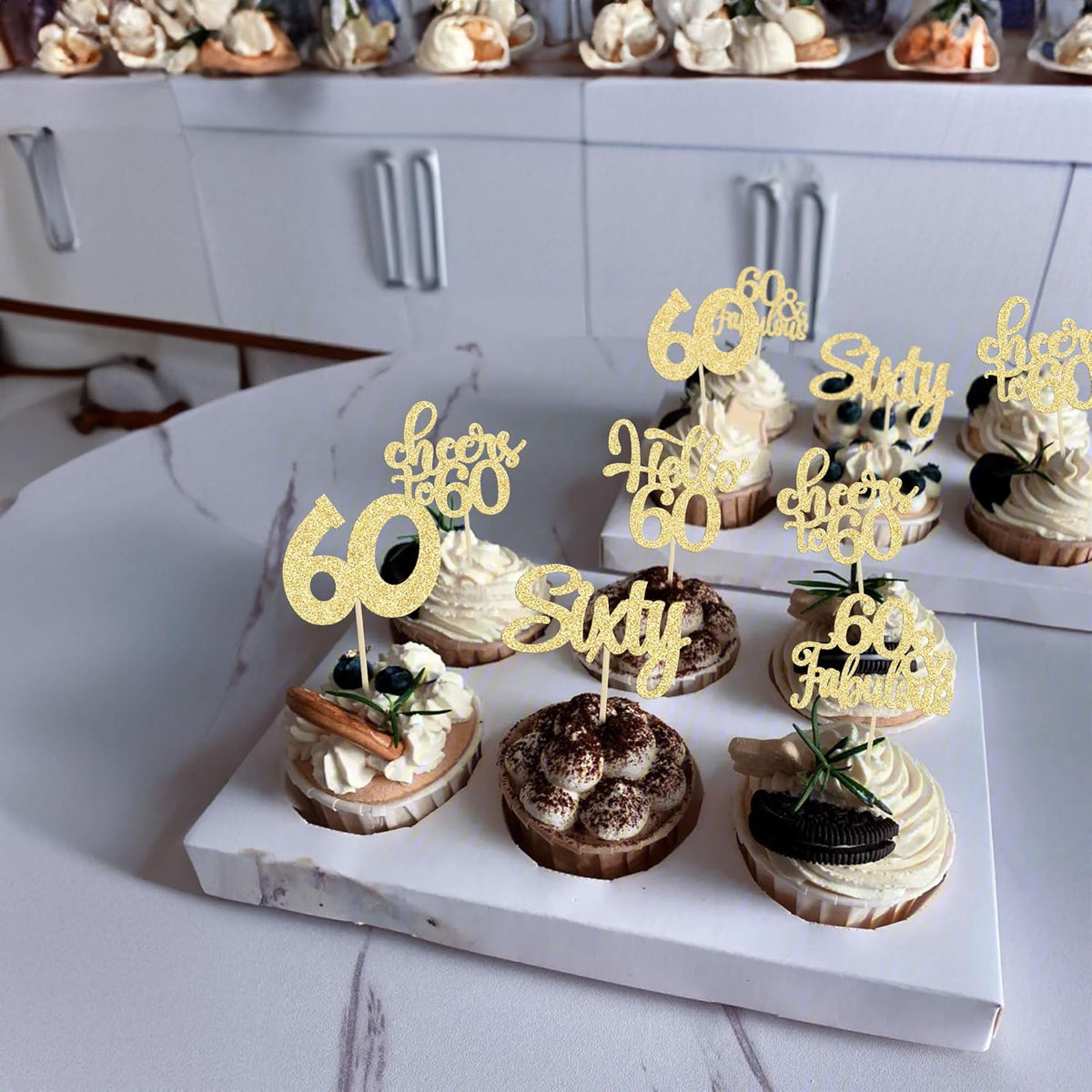 30Pcs Happy 60th Birthday Cupcake Toppers Gold Glitter Sixty Cake Toppers Cheers to 60 Years Old