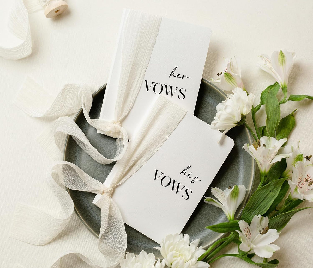 White Vow Books with Ribbons (Set of 2) - 5.625 x 4 Minimalist Pocket Sized Wedding Ceremony Vow