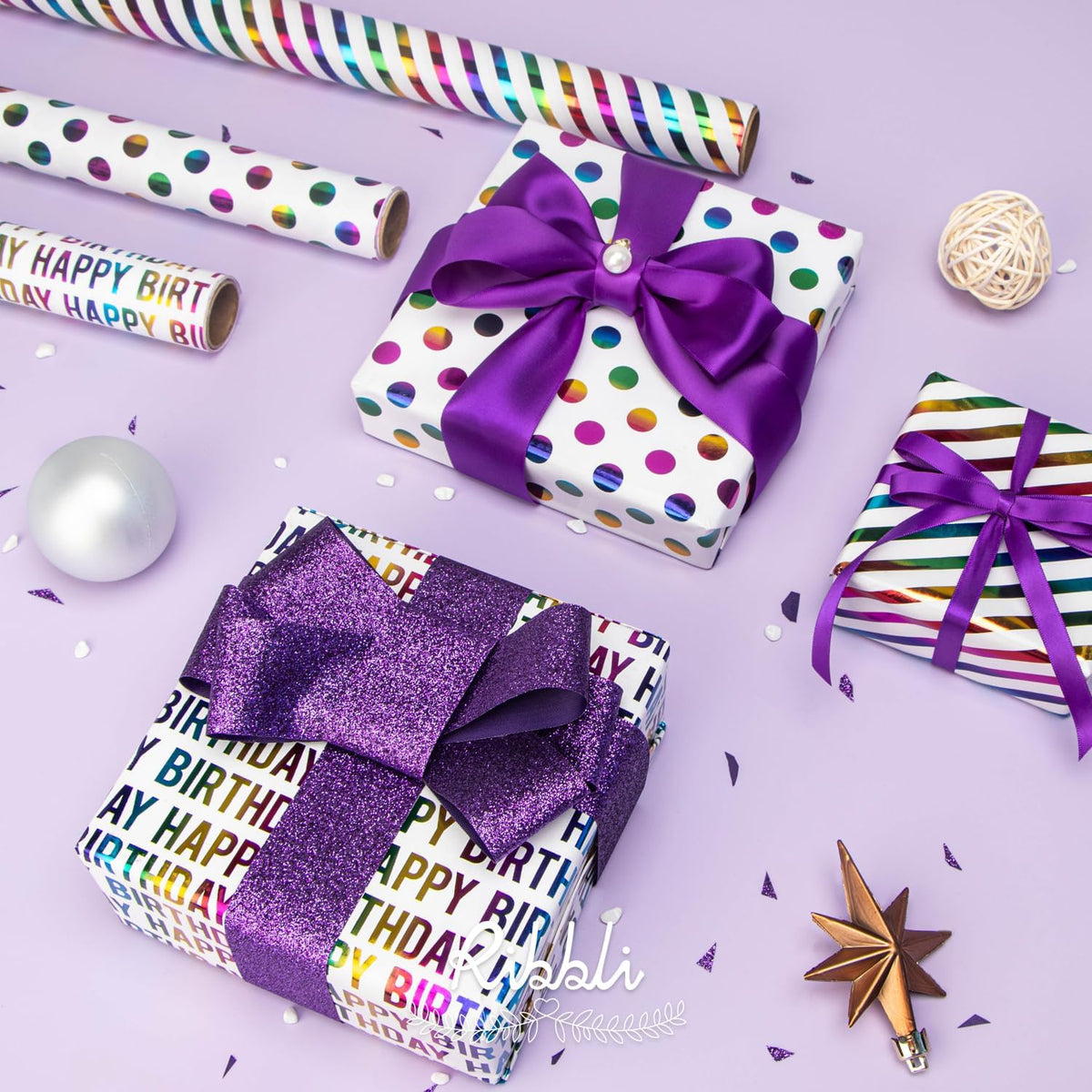 Ribbli Birthday Wrapping Paper 30 Inch Iridescent Gift Wrapping Paper 4 Rolls Happy Birthday Polka