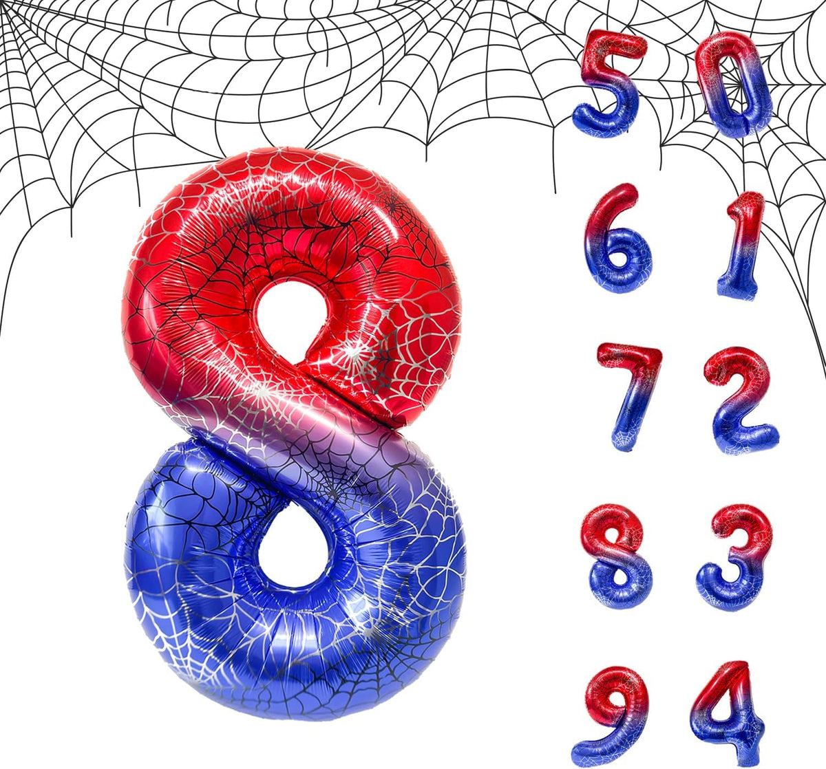 Spider Web 40Inch Foil Number Balloons Set 0-9 Includes Inflation Straws - Giant Decor for