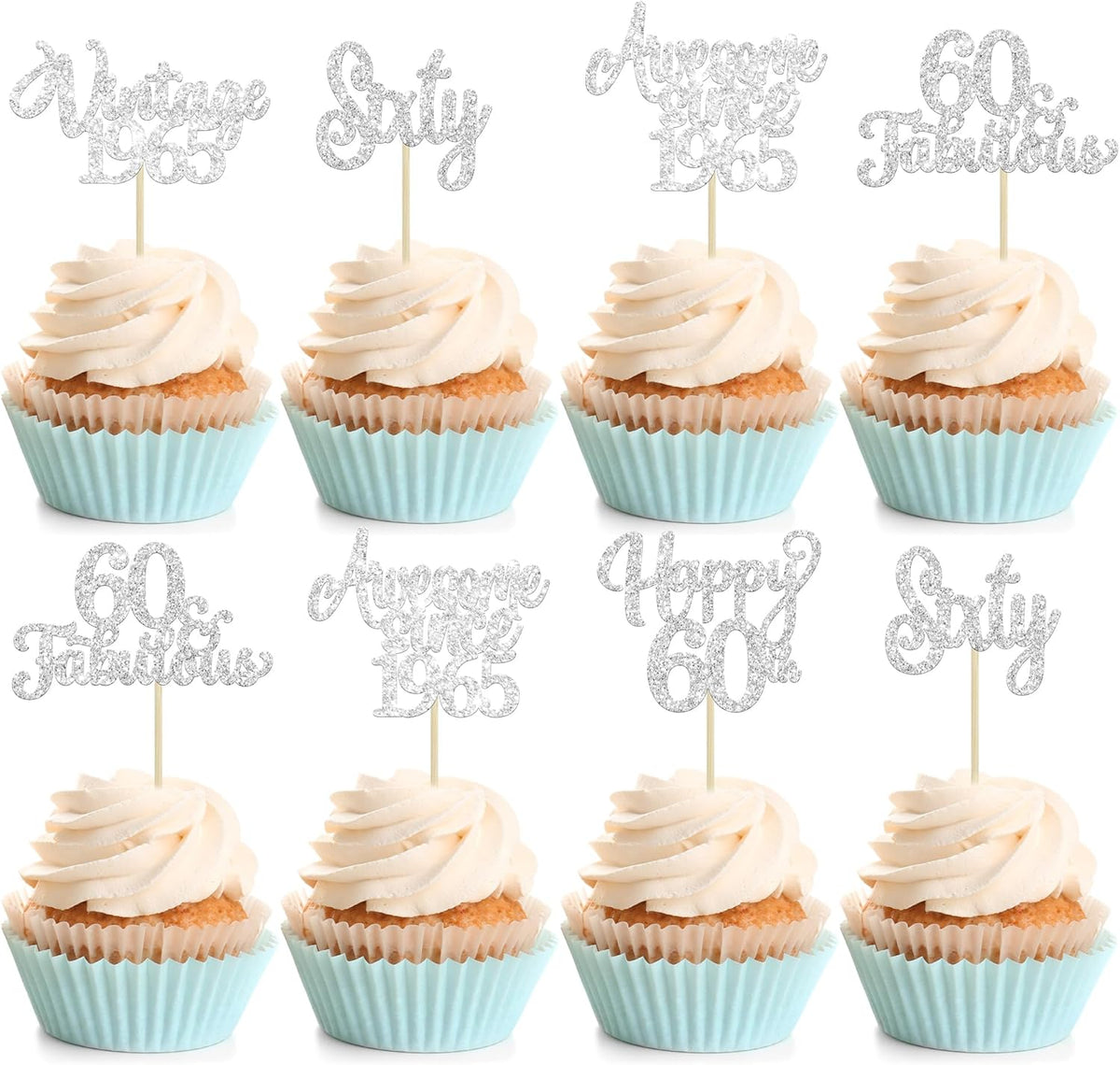 30Pcs Happy 60th Birthday Cupcake Toppers Glitter Sixty Vintage 1965 Cupcake Picks Cheers to 60