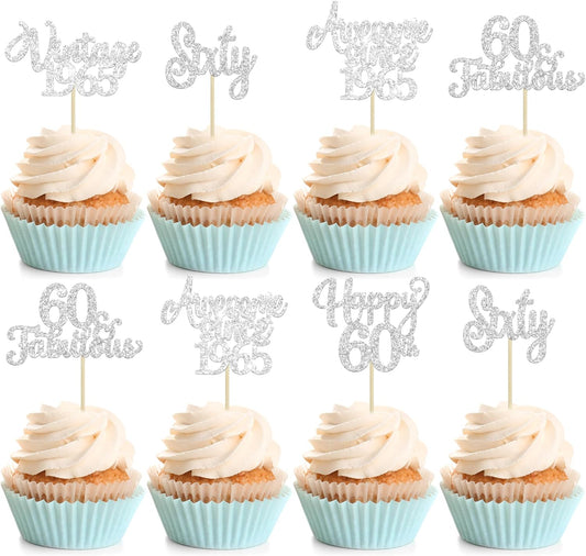 30Pcs Happy 60th Birthday Cupcake Toppers Glitter Sixty Vintage 1965 Cupcake Picks Cheers to 60