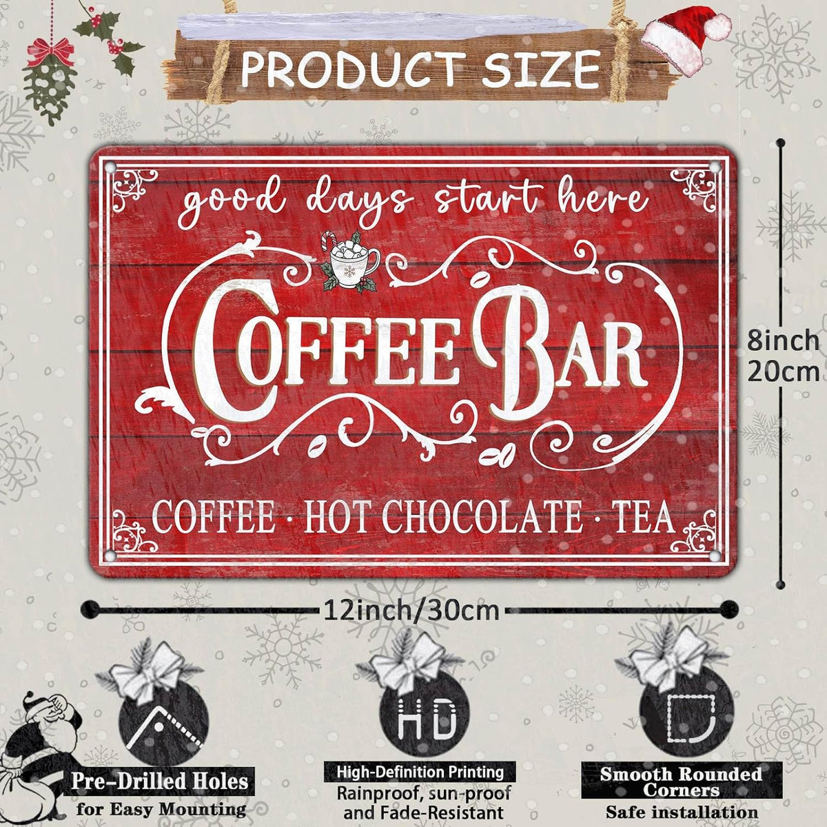 Vintage Christmas Coffee Bar Tin Sign - Kitchen Decor, Tea Bar Accessories, Hot Chocolate Station