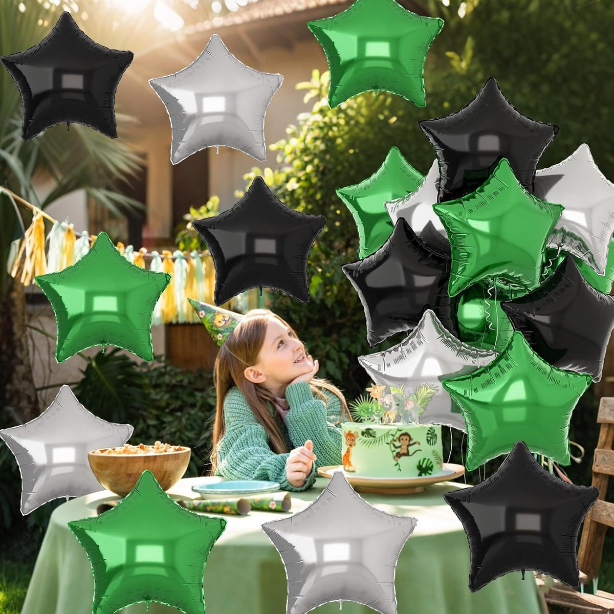 Green Black Star Balloons, 18Inch Balck Olive and Silver Stars Shape Foil Balloons Helium, 12Pcs