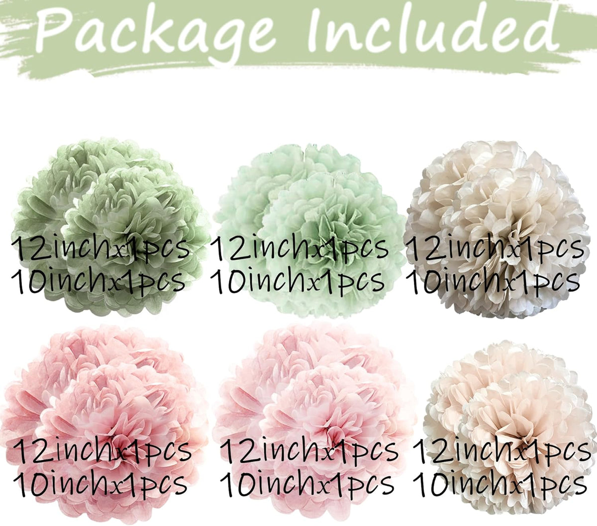 Tissue Paper Pom Poms Kit -Rose Pink and Sage Green Paper Flowers 12pieces for Gender Baby Shower