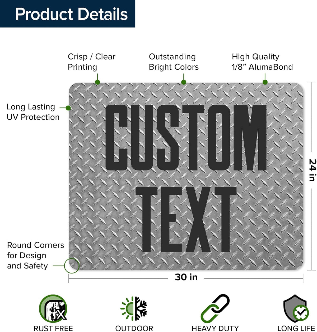 Custom Sign, Custom Street Sign, 11 Font Colors, 13 Font Styles, 4 Hole Options, 22 Sizes, 24x30