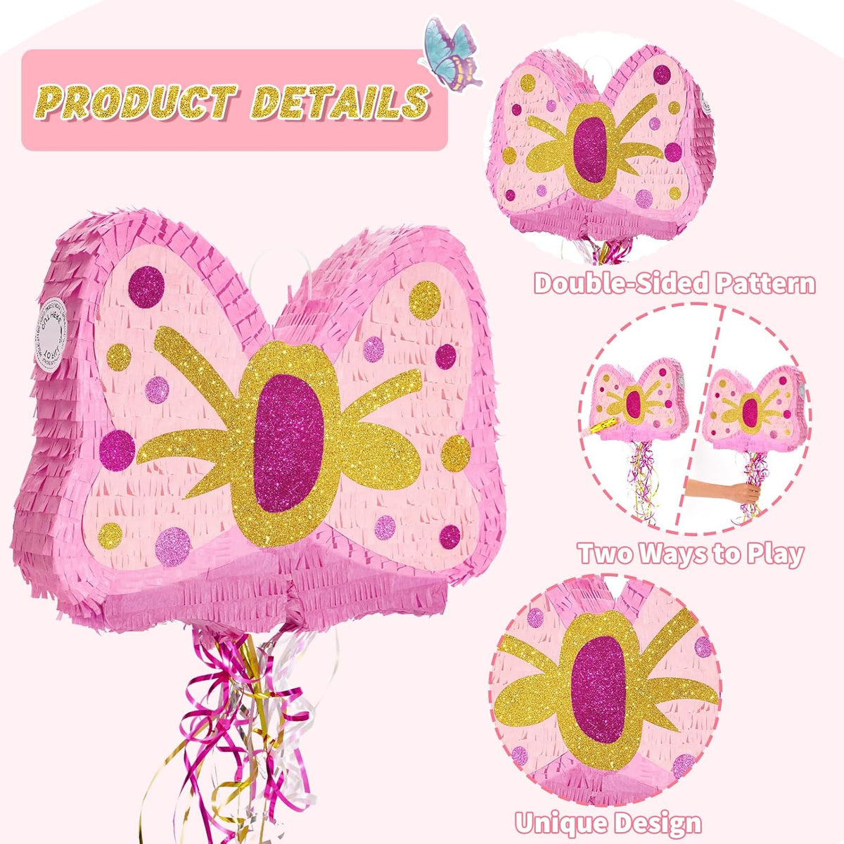 WERNNSAI Pink Bow Piñata - Girls Birthday Party Decoration Bow Tie Piñata with Blindfold and Bat
