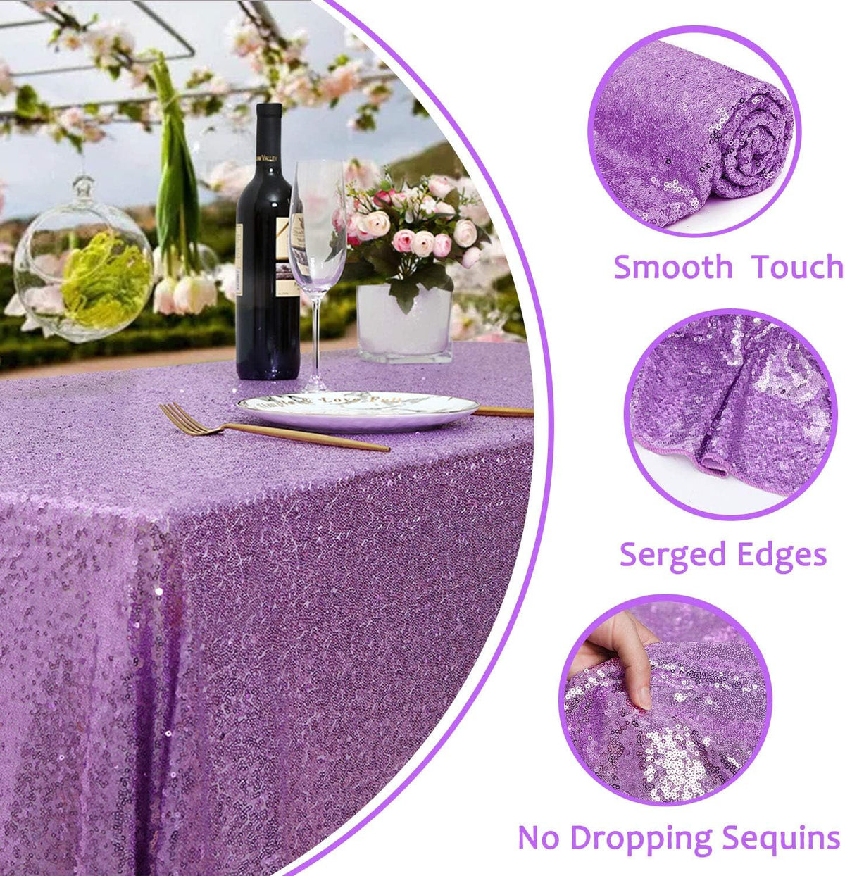 QueenDream Tablecloth 90x156 Rectangle Sequin Tablecloth Lavender Wedding Table Linens Glitter
