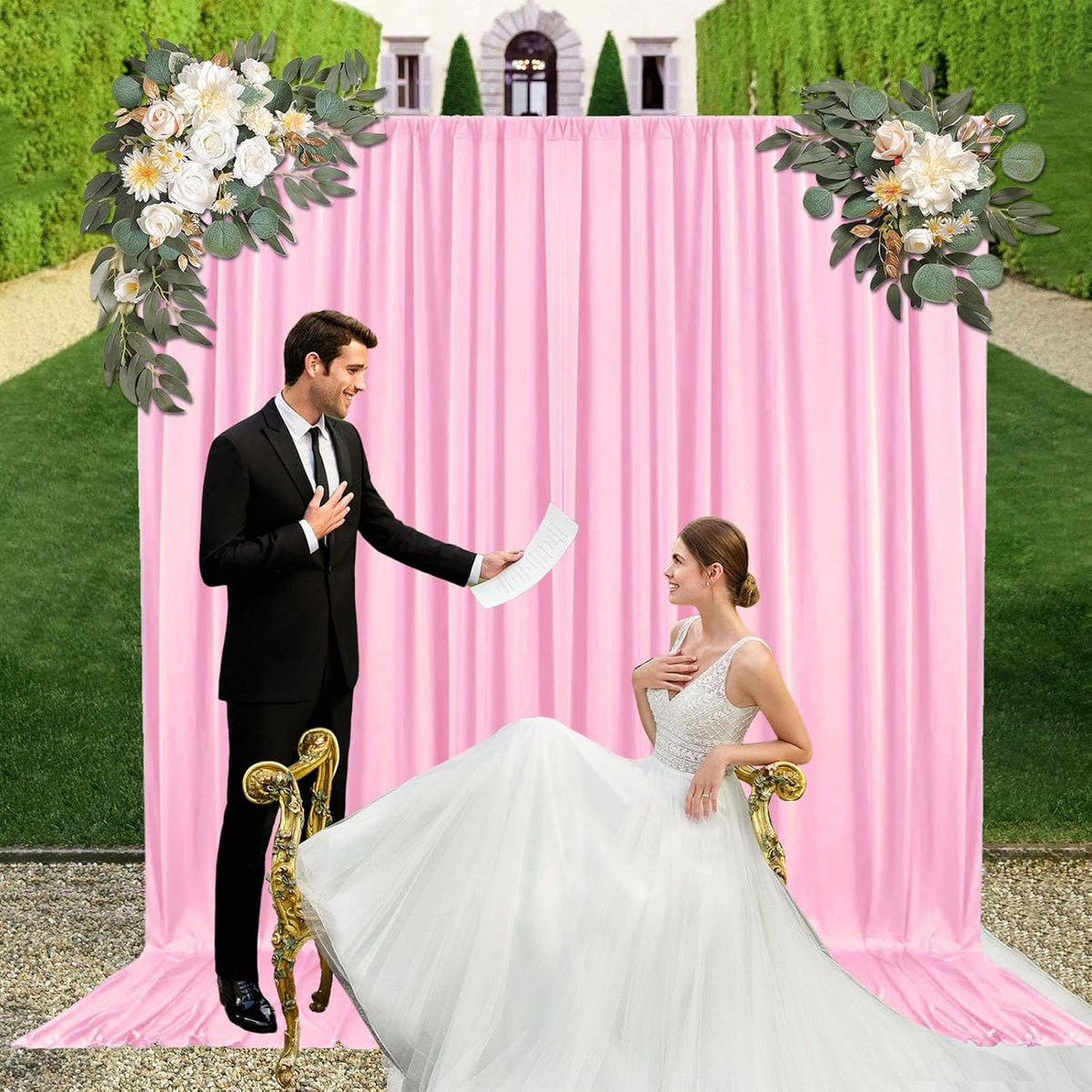 10ft x 10ft Rose Pink Backdrop Curtains for Parties, Fabric Satin Background Curtain with Rod