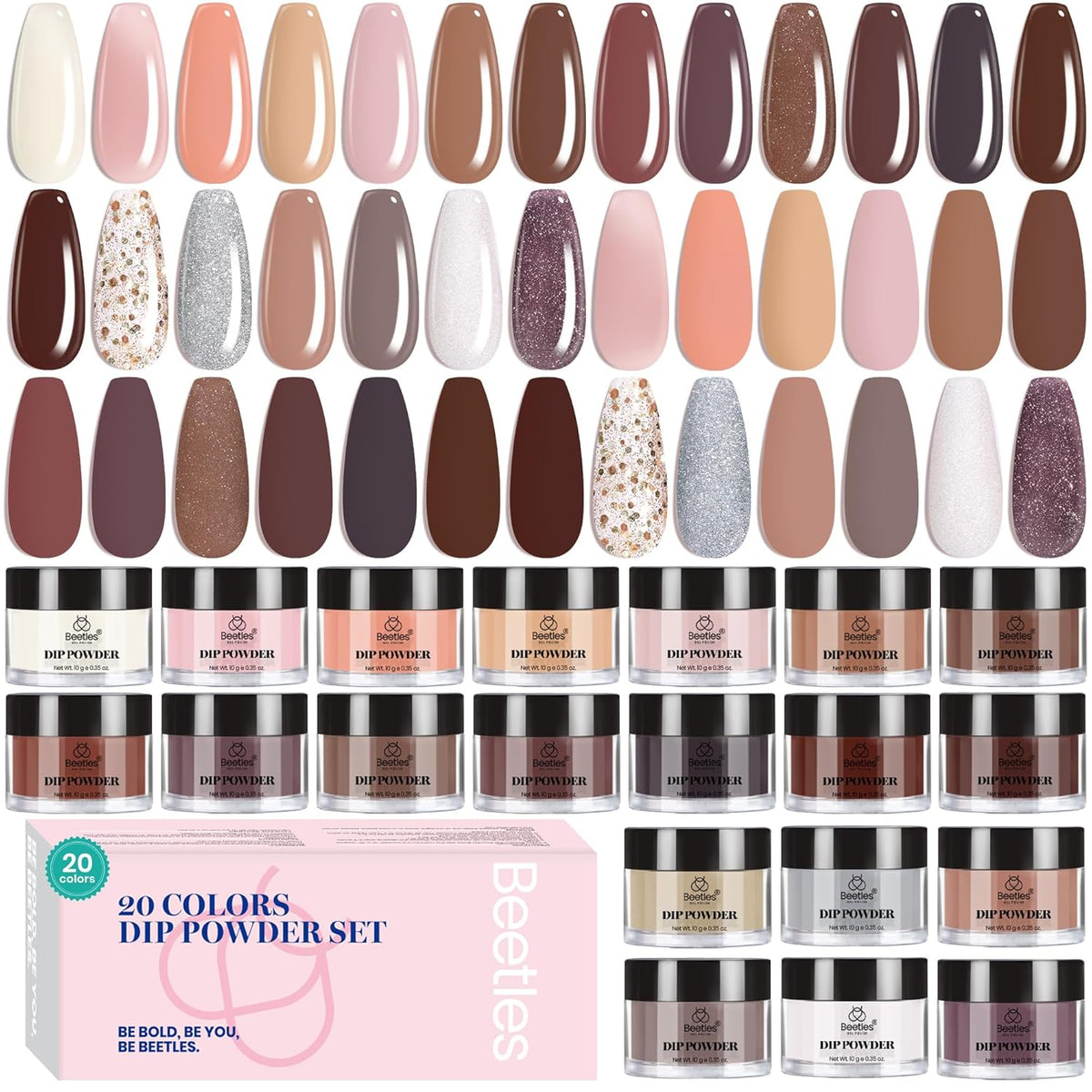 Beetles Nail Dip Powder Kit 20 Colors Nude Pink Glitter Quick Drying Dipping Powder Color Set for