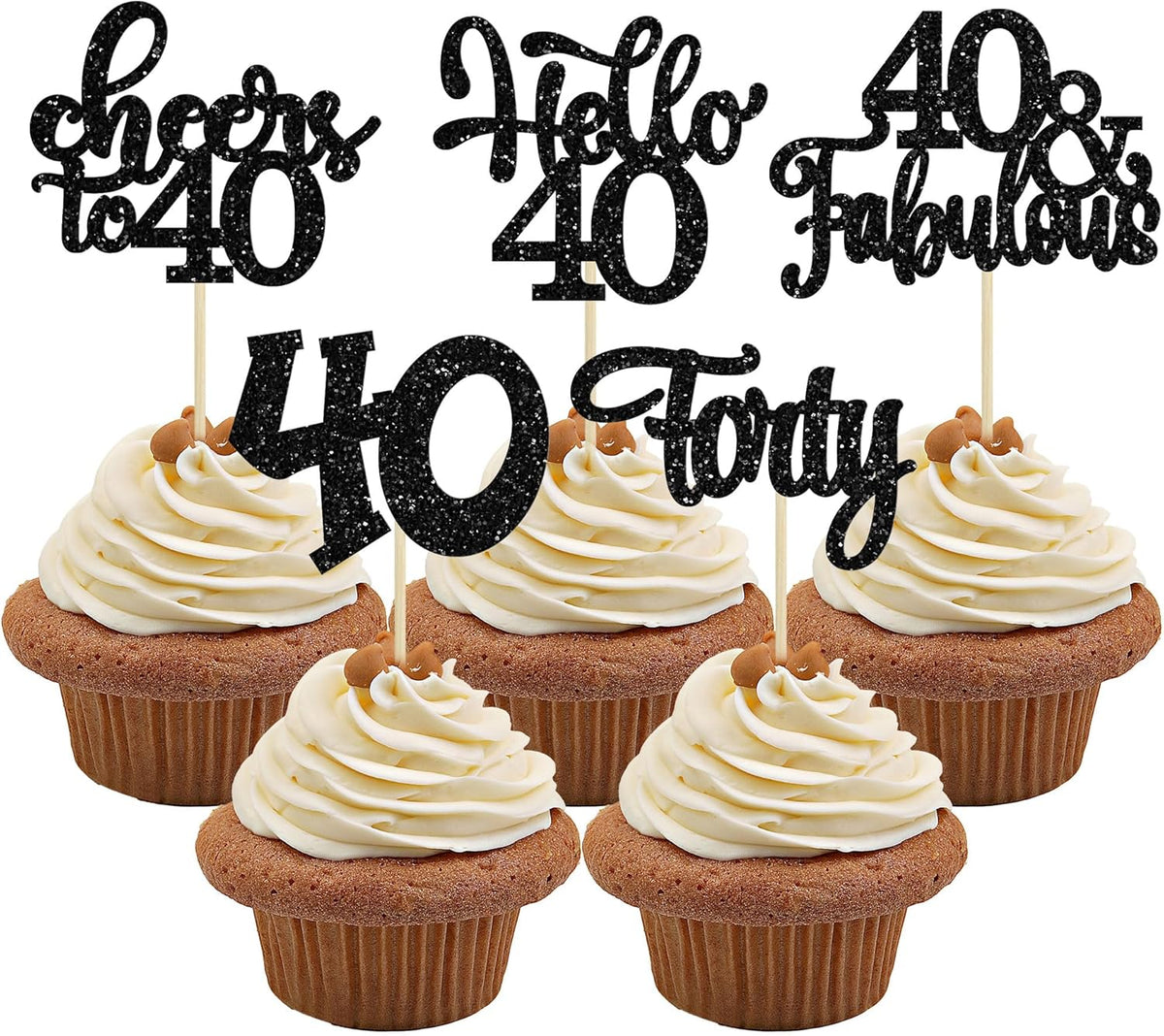30pcs Happy 40th Birthday Cupcake Toppers - Black Glitter Forty Cheers to 40 Years Old Cupcake