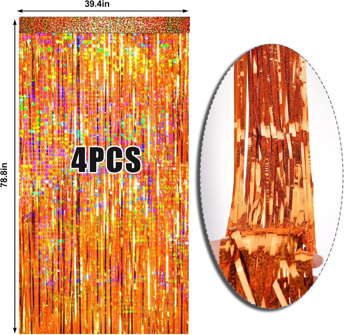 4 Packs Orange Foil Fringe Curtain, Orange Glitter Metallic Tinsel Backdrop for Birthday, Wedding
