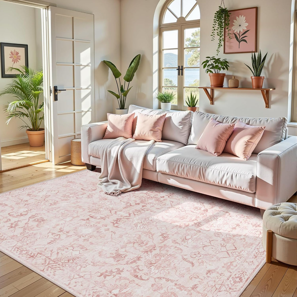 Pink Area Rugs 5x7 Rugs for Living Room, Machine Washable Rugs for Bedroom, Distressed Vintage